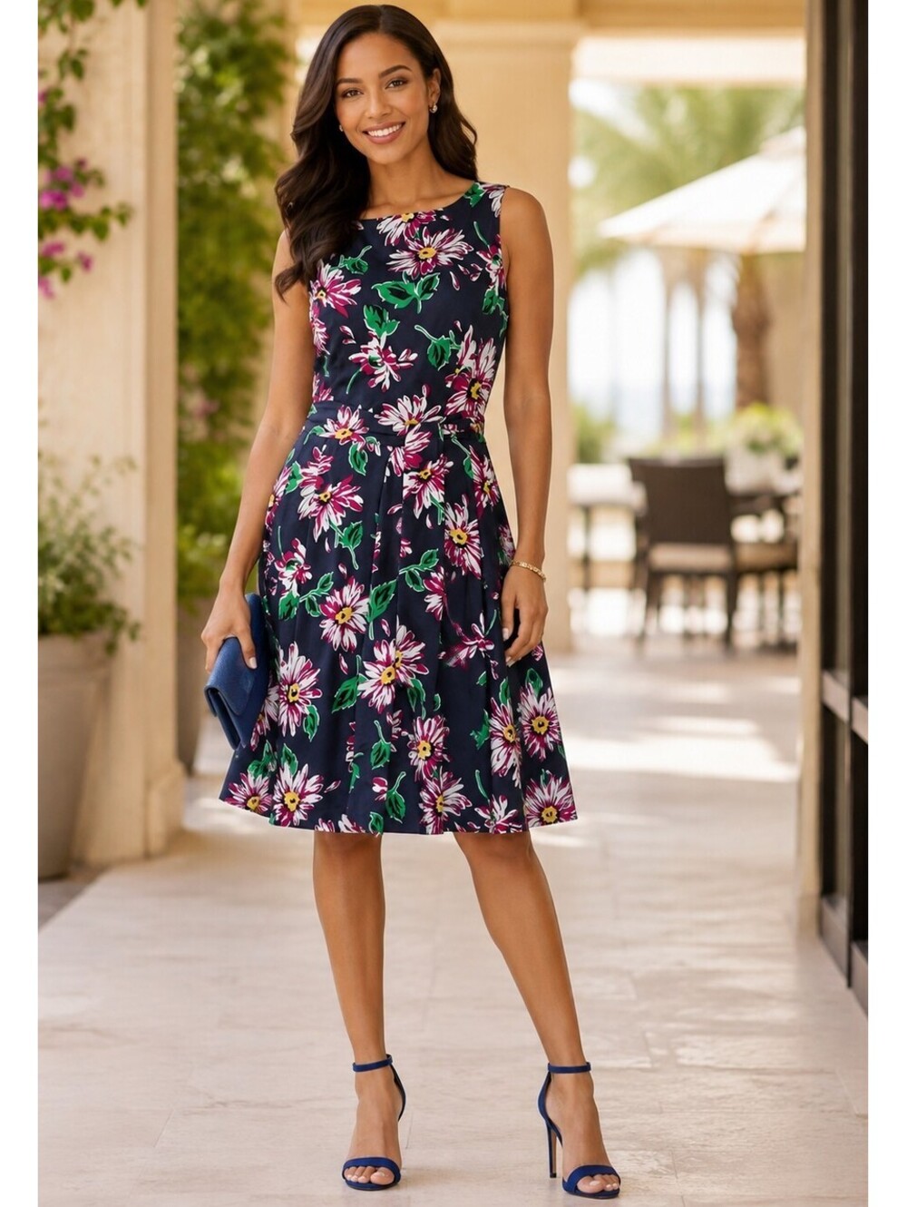Anne Klein Size 4 Navy Plum Floral Fit & Flare Sleeveless Pleated A-Line Dress
